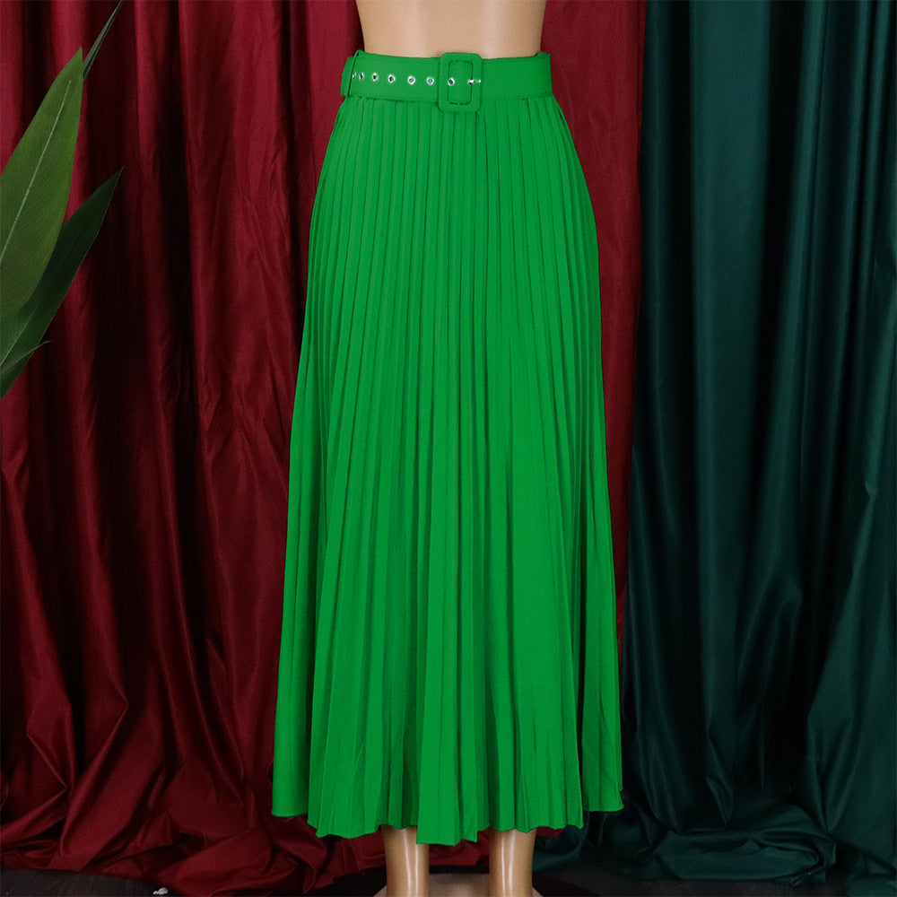 Solid Color Girdle Pleated Skirt