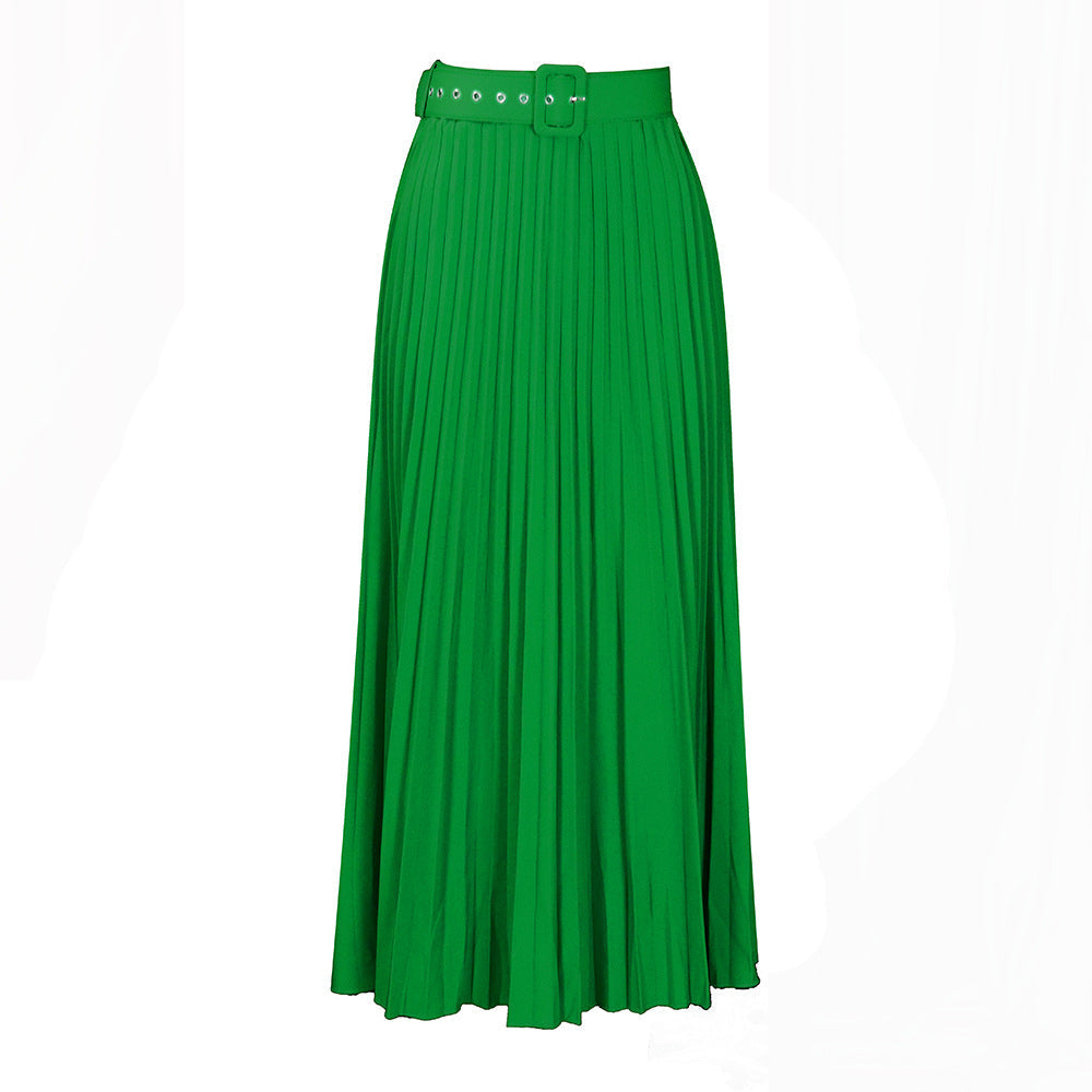 Solid Color Girdle Pleated Skirt