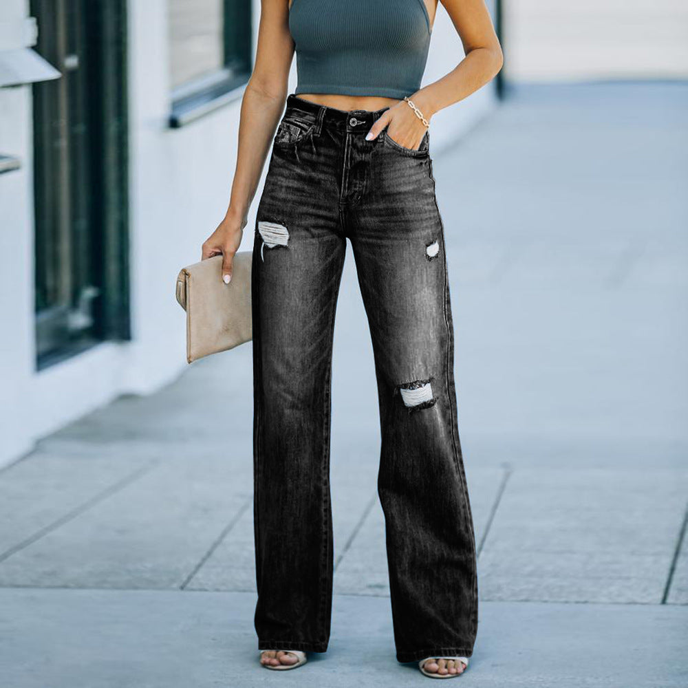 Fashion Ripped Slim Wide Leg Jeans