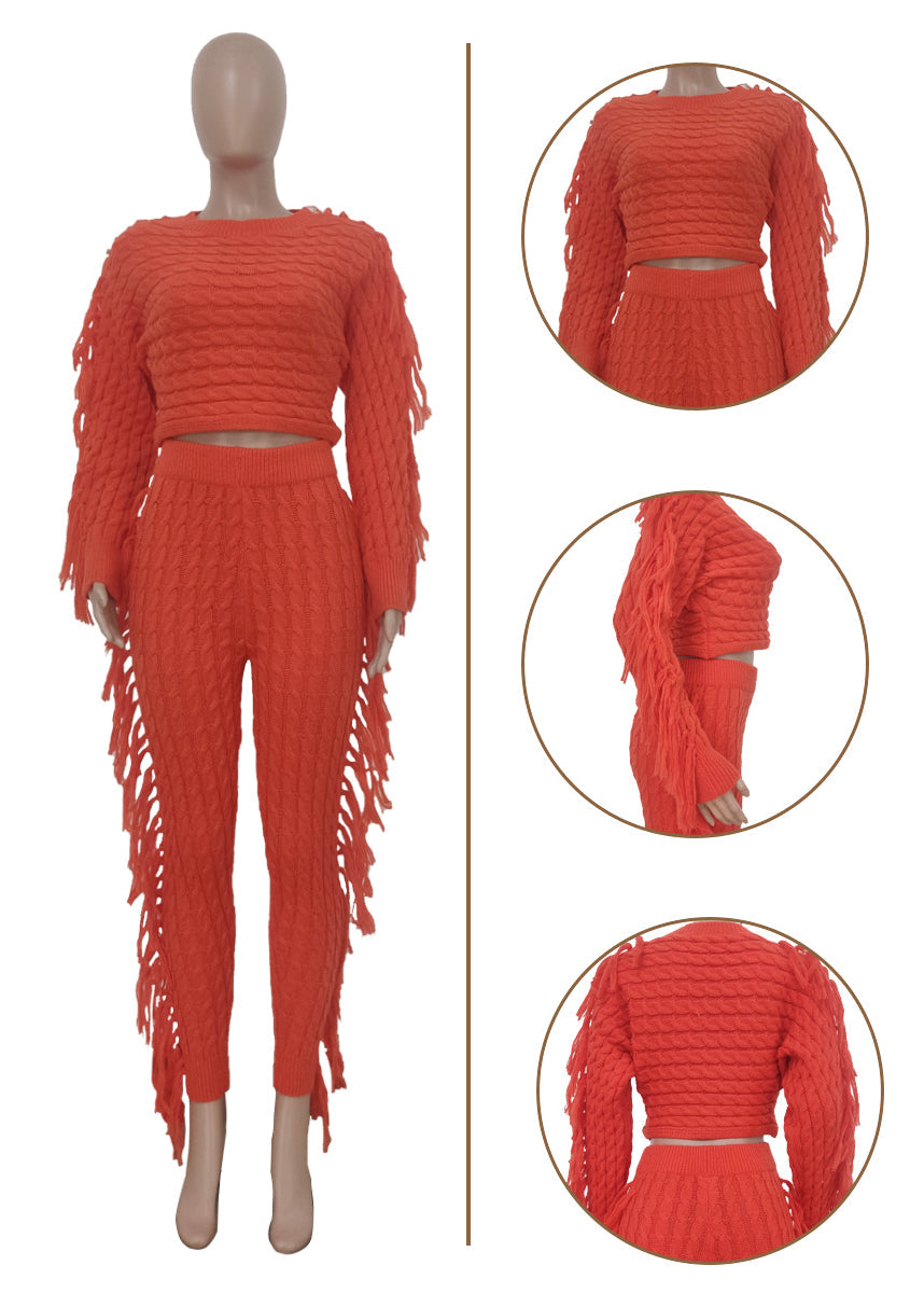 Fashion Knit Tassels Trousers Two-piece Set