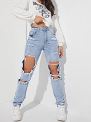 Ripped Detail Straight Leg Jeans