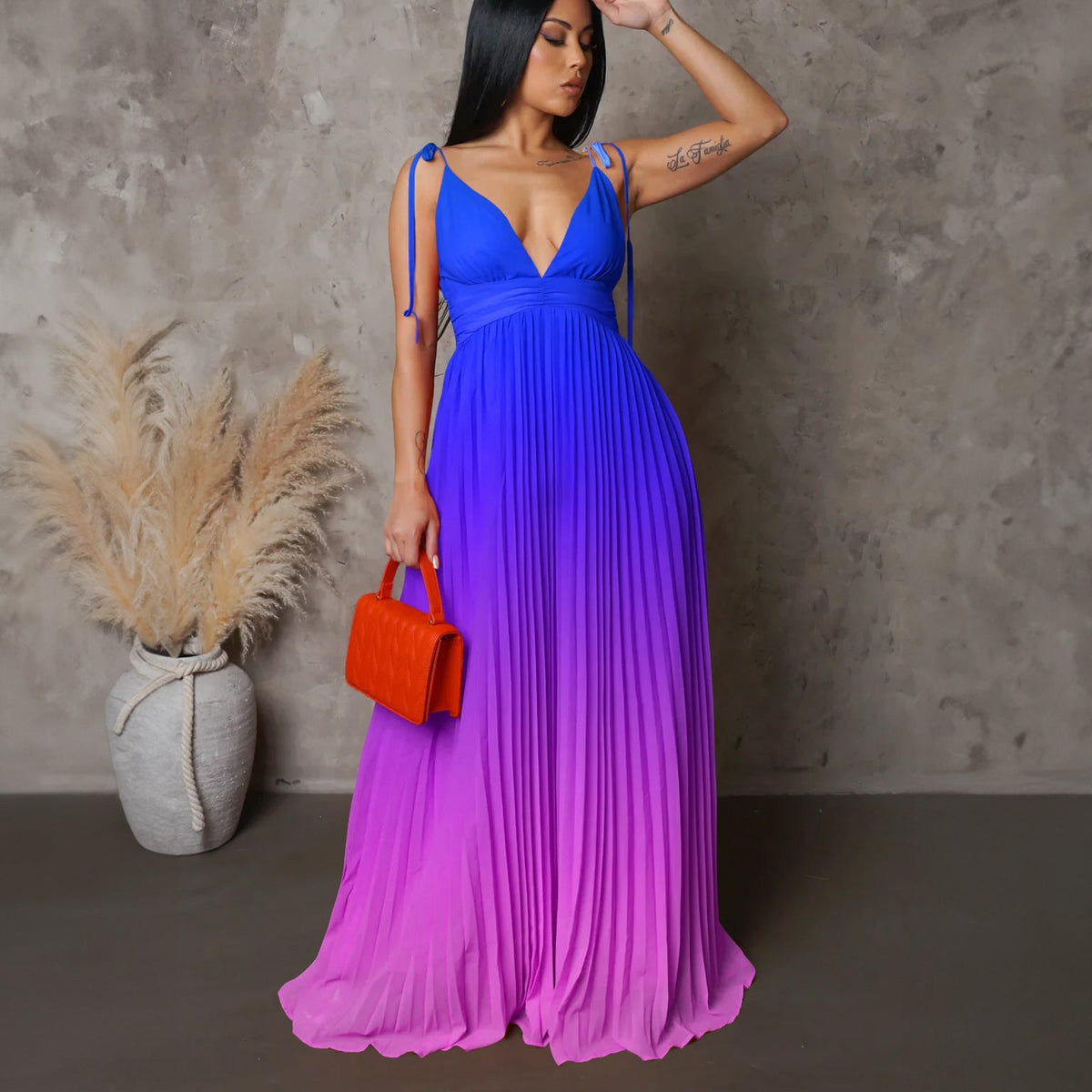 Sexy Gradient Color Pleat Slip Dress