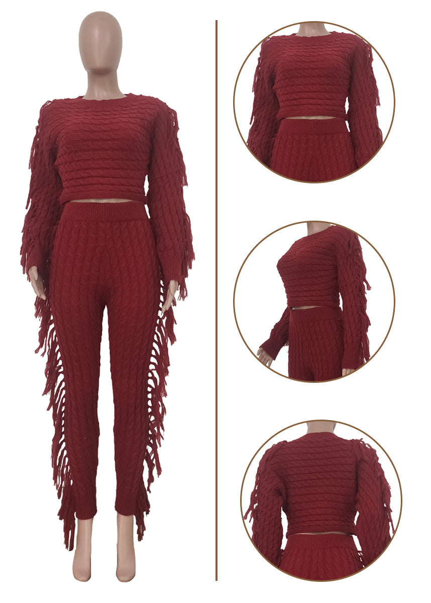 Fashion Knit Tassels Trousers Two-piece Set