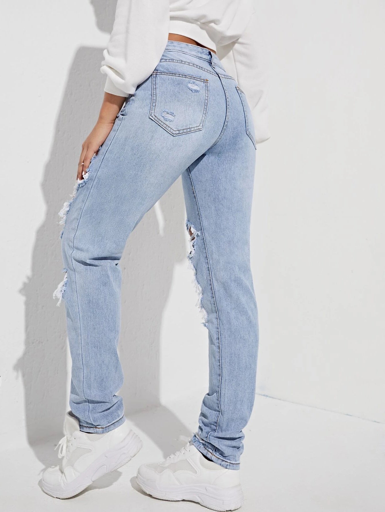 Ripped Detail Straight Leg Jeans