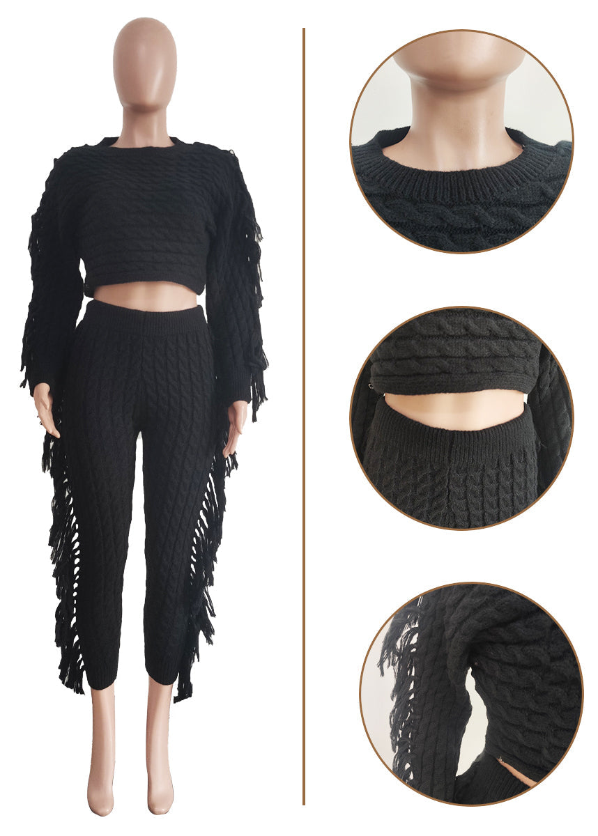 Fashion Knit Tassels Trousers Two-piece Set