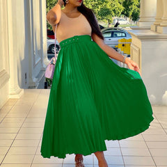 Solid Color Girdle Pleated Skirt