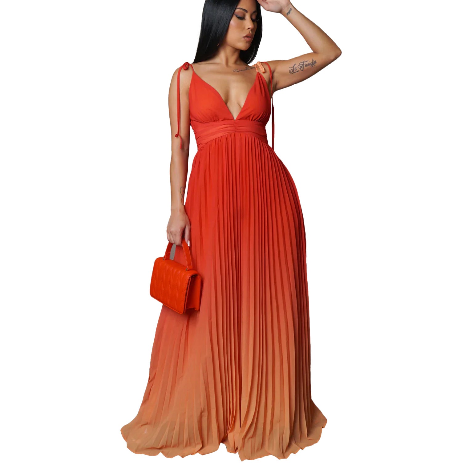 Sexy Gradient Color Pleat Slip Dress