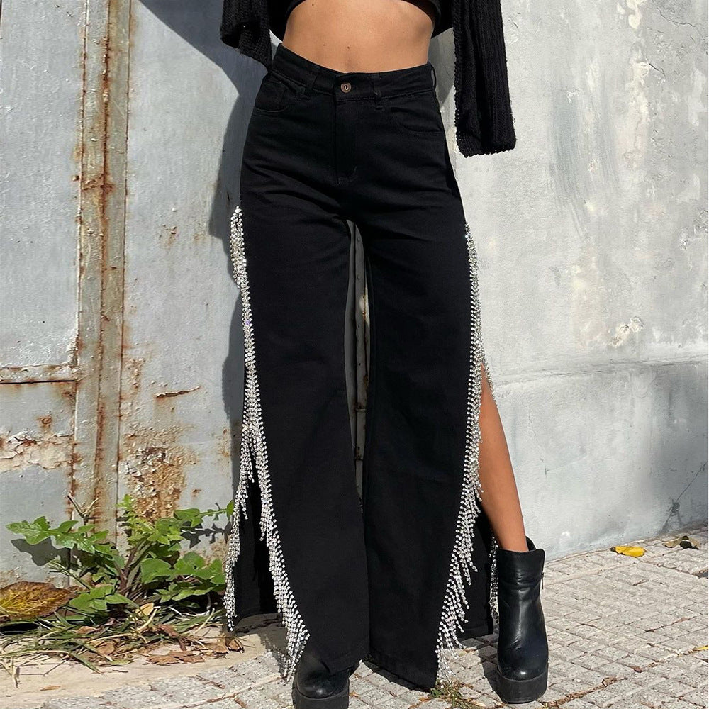 High Waist Slit Tassels Jeans