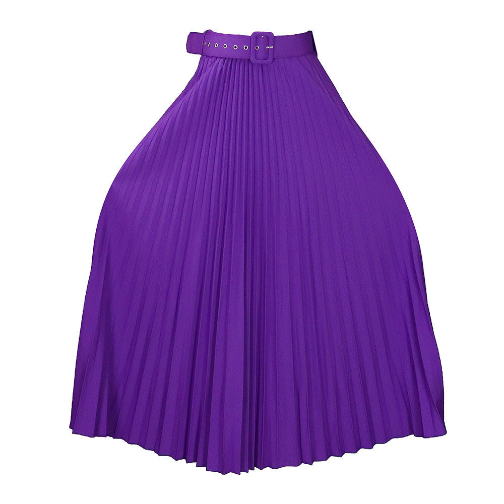 Solid Color Girdle Pleated Skirt