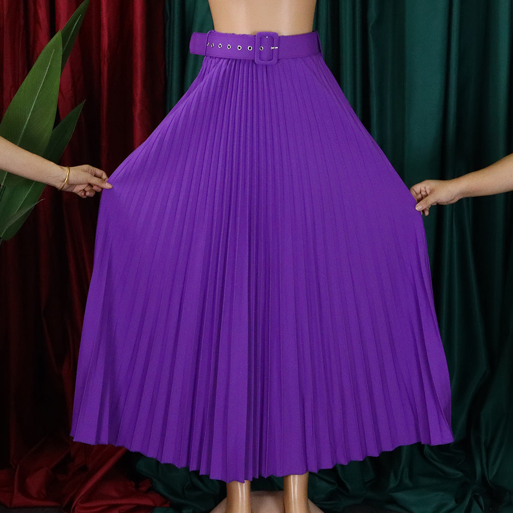 Solid Color Girdle Pleated Skirt