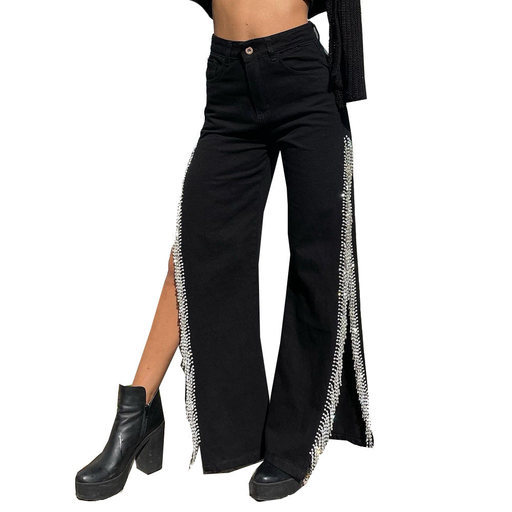 High Waist Slit Tassels Jeans