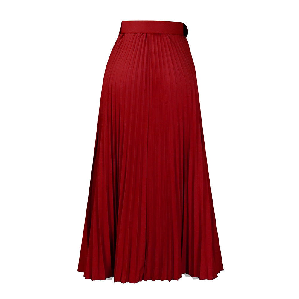 Solid Color Girdle Pleated Skirt