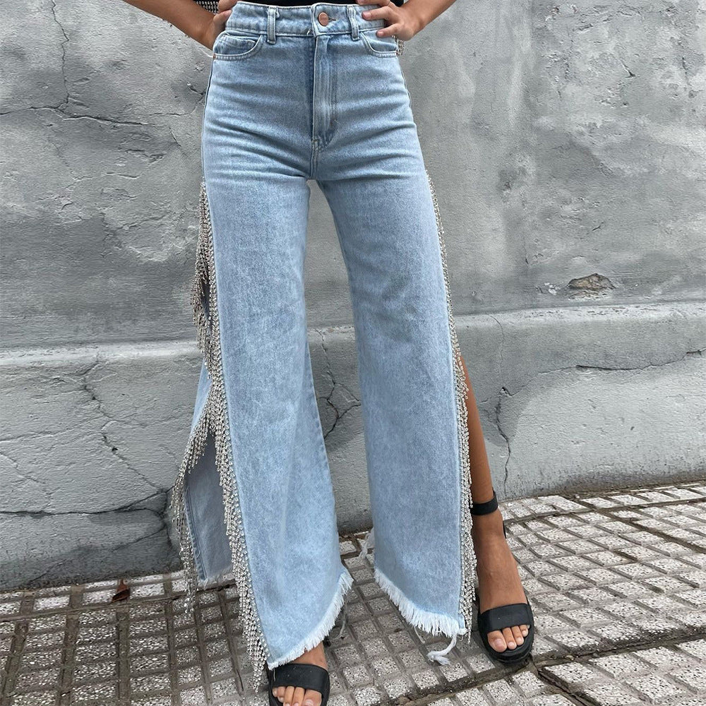 High Waist Slit Tassels Jeans