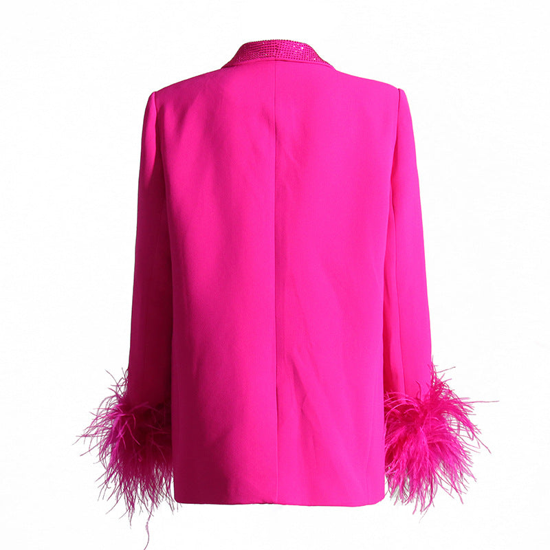 Fashion Rhinestone Feather Blazer Coat