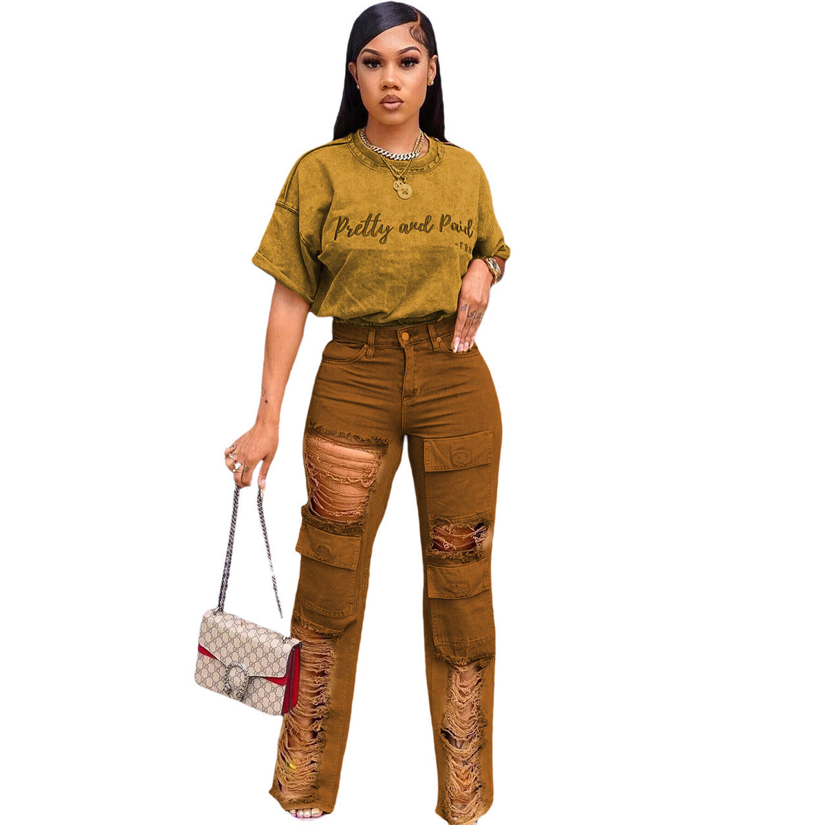 Embroidery T shirt Ripped Jeans Sets