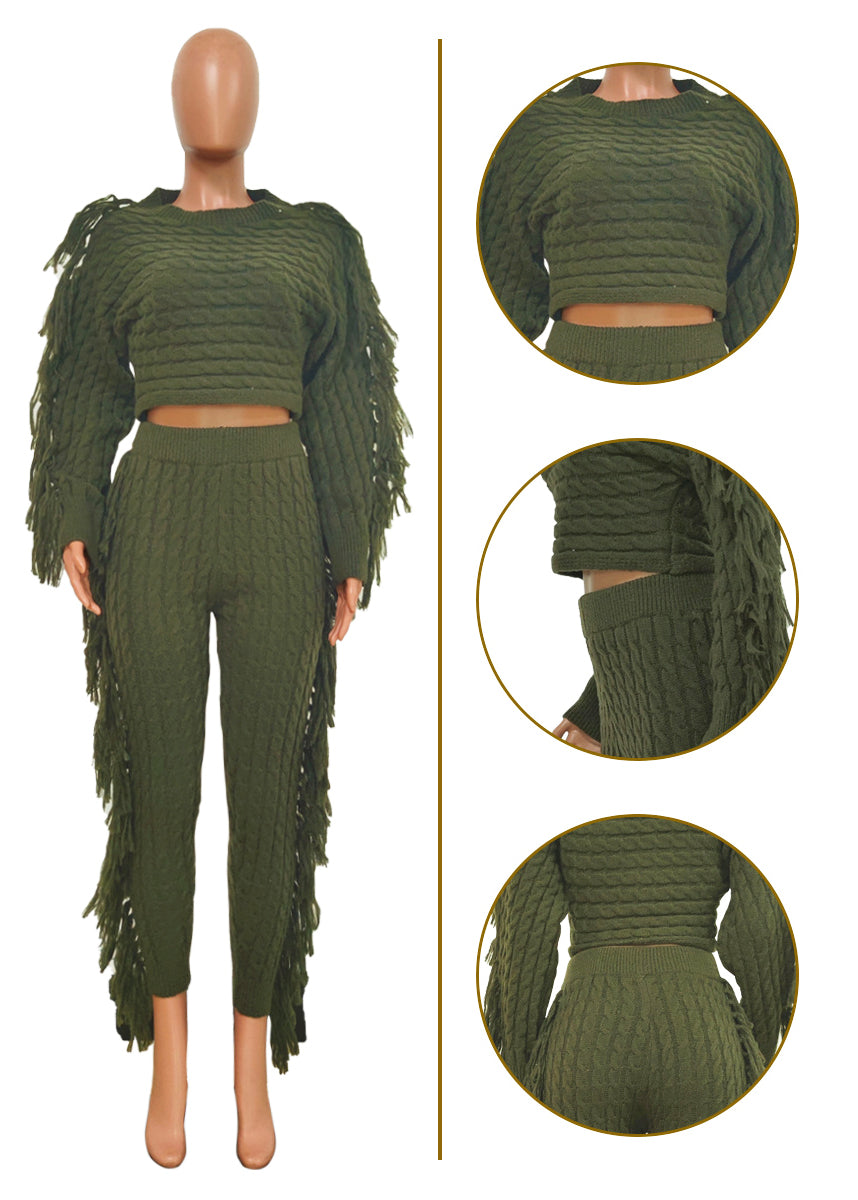 Fashion Knit Tassels Trousers Two-piece Set