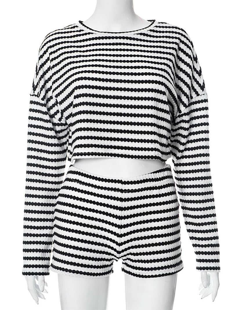 Stripe Crop Tops Shorts Knit Suit