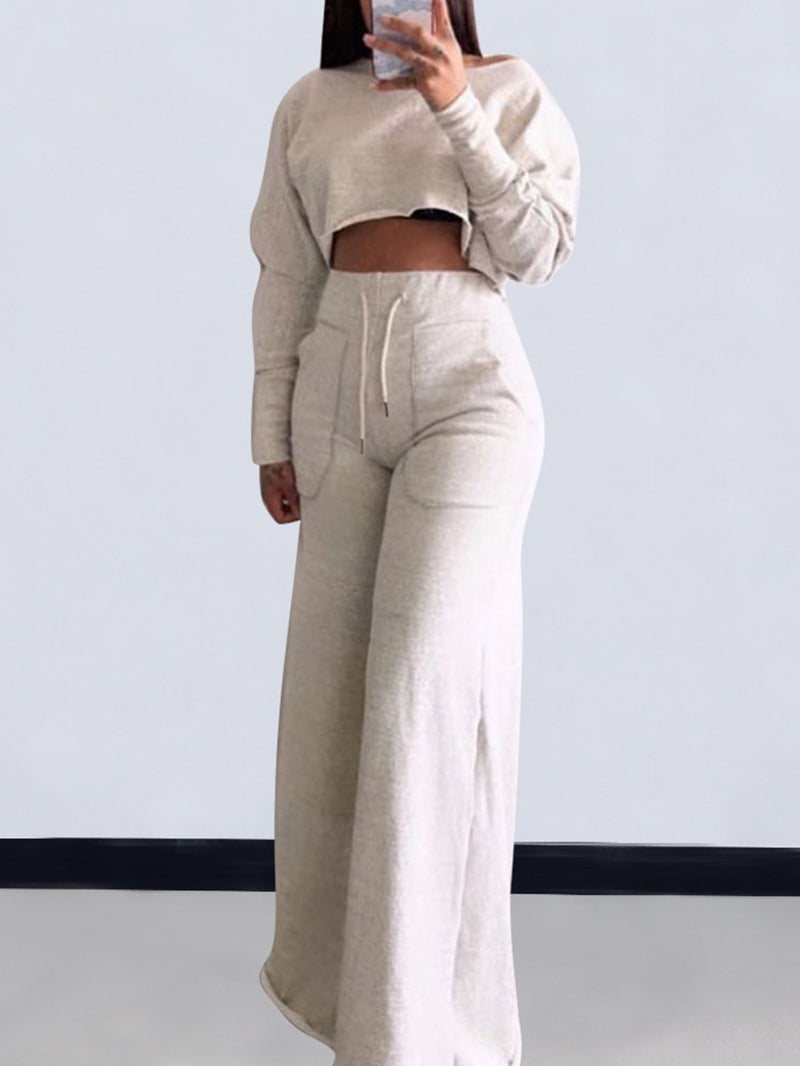 Casual Crop Top Wide Leg Pants Suit