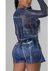 Imitation Denim Print Sheer Mesh Two-piece Sets