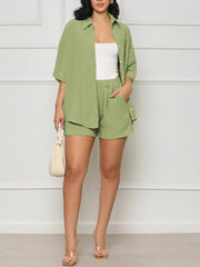 Solid Color Blouse Shorts Casual Set