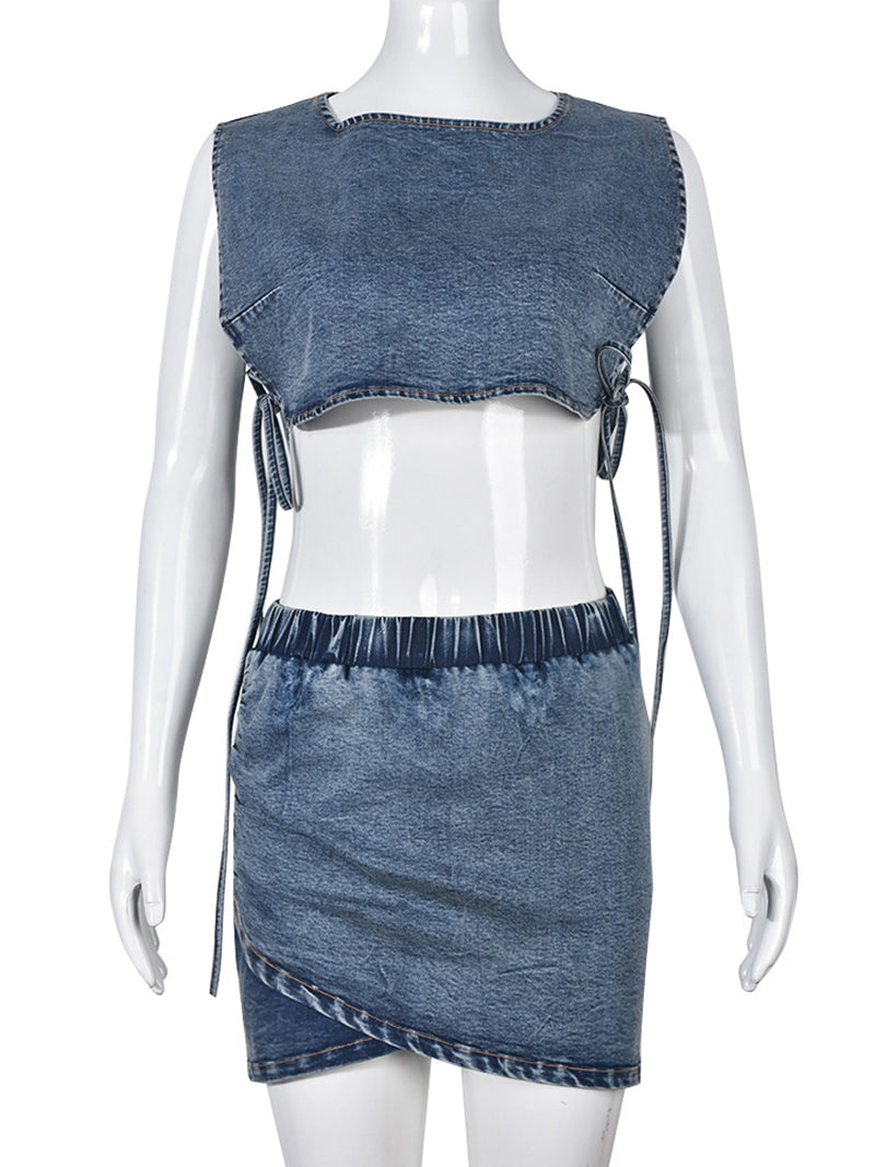 Elastic Vest Short Skirts Denim Set