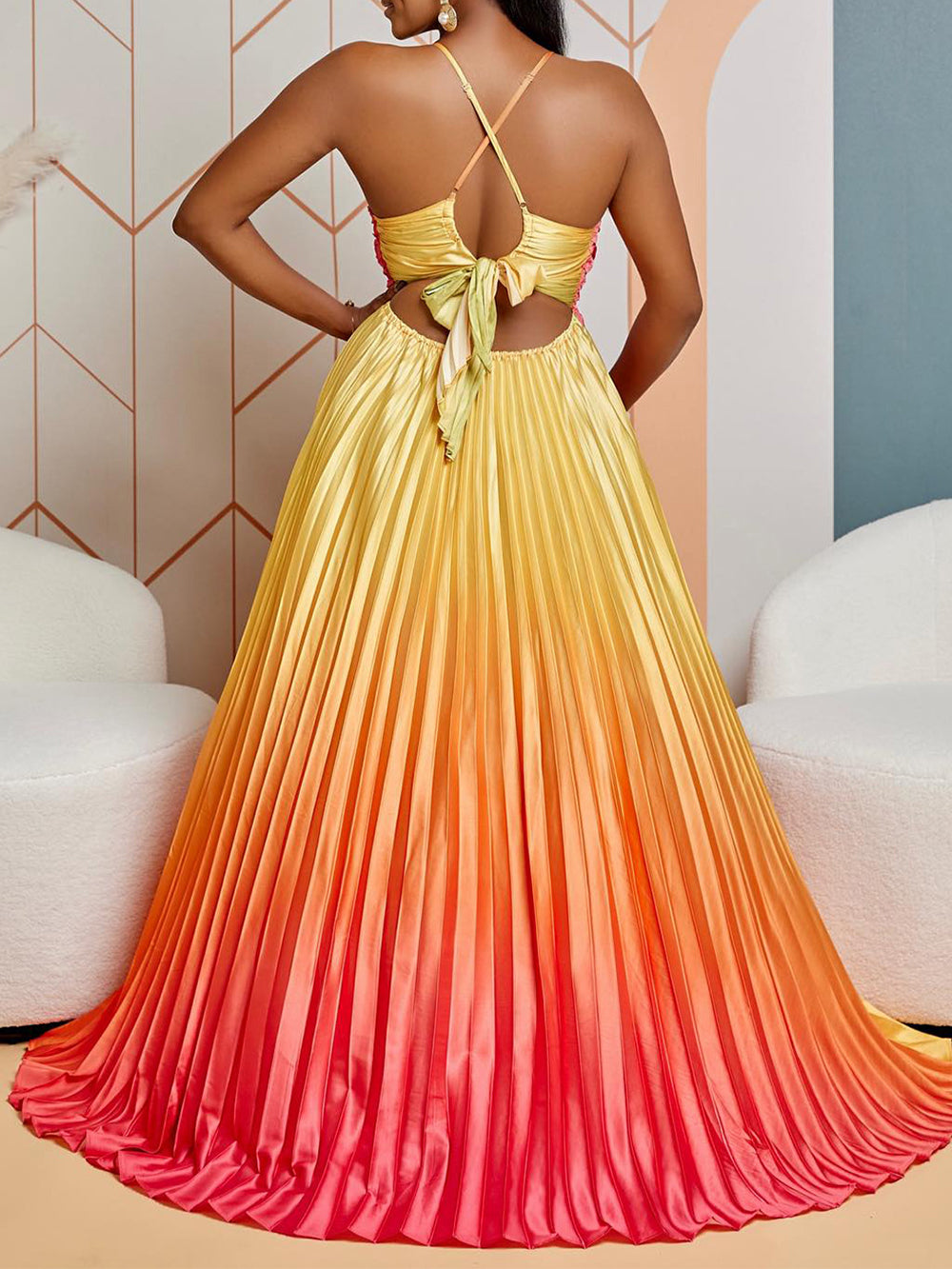 Sexy Gradient Color Pleated Dress