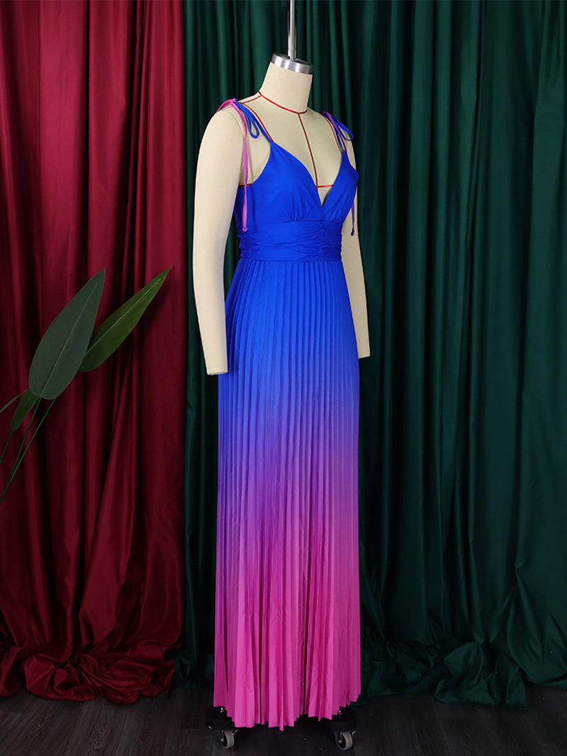 V-neck Gradient Color Pleated Dress