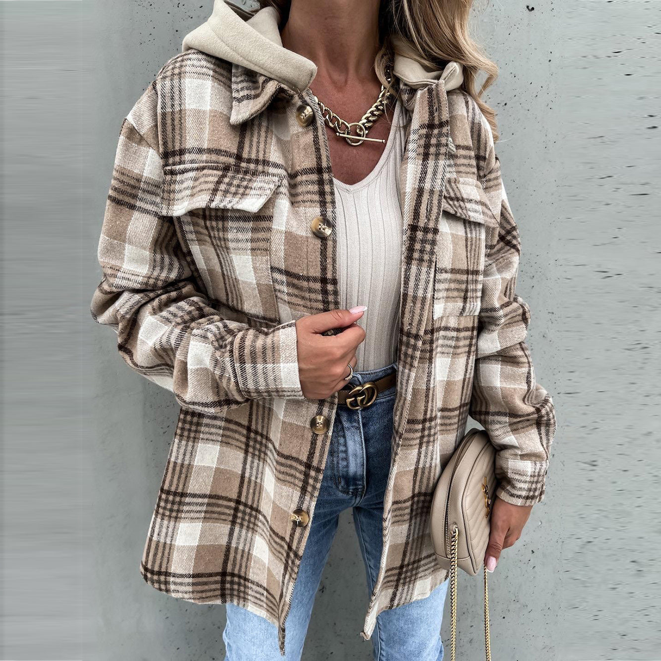 Fashion Detachable Hooded Plaid Coat