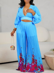 Puff Sleeves Pleat Wide leg Pants Suit