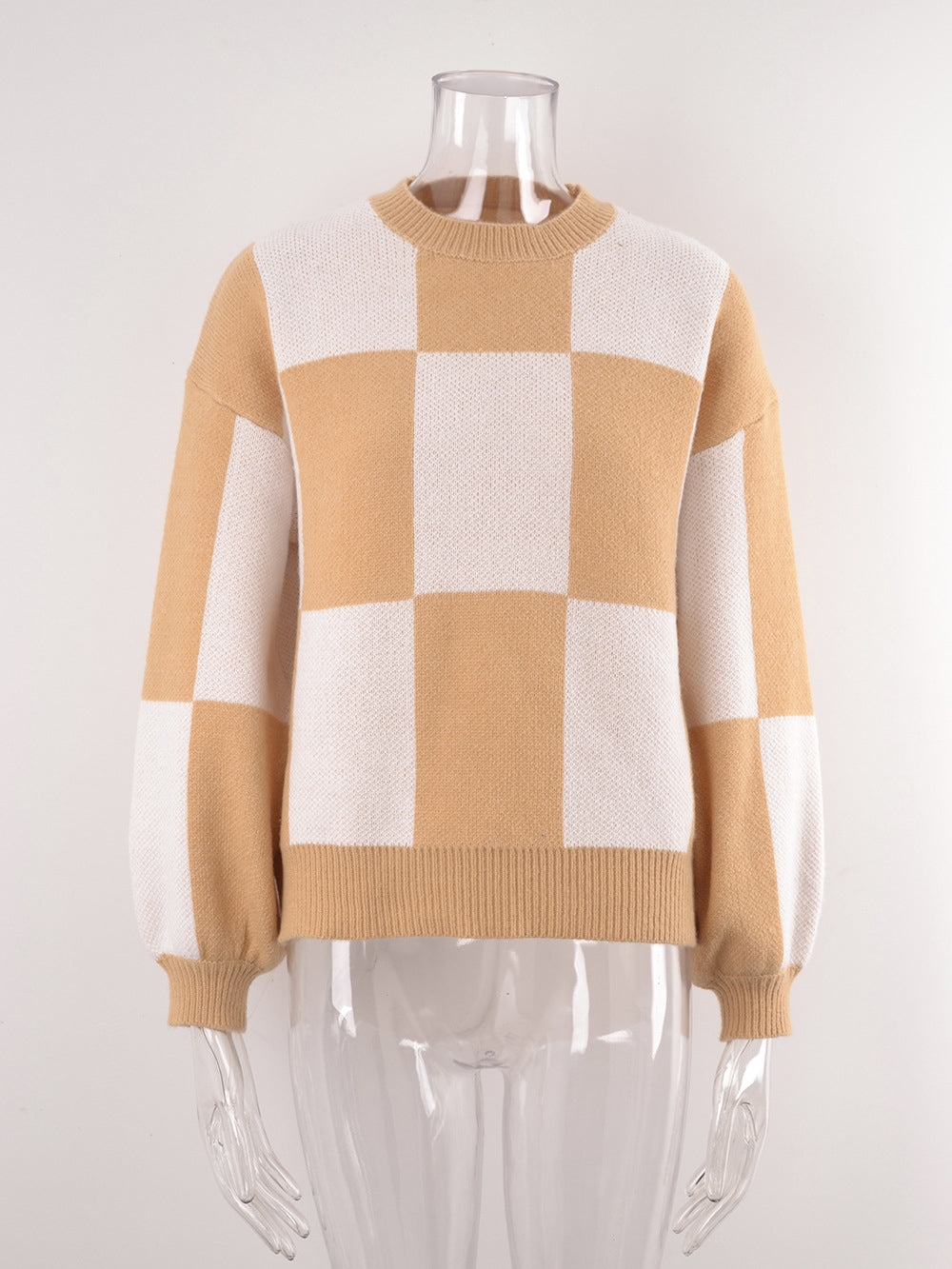 Round Neck Checkerboard Plaid Knit Sweater