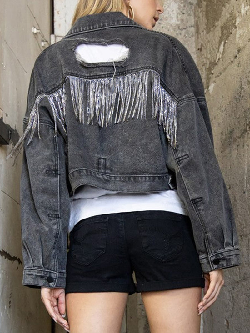 Vintage Tassels Ripped Denim Jacket