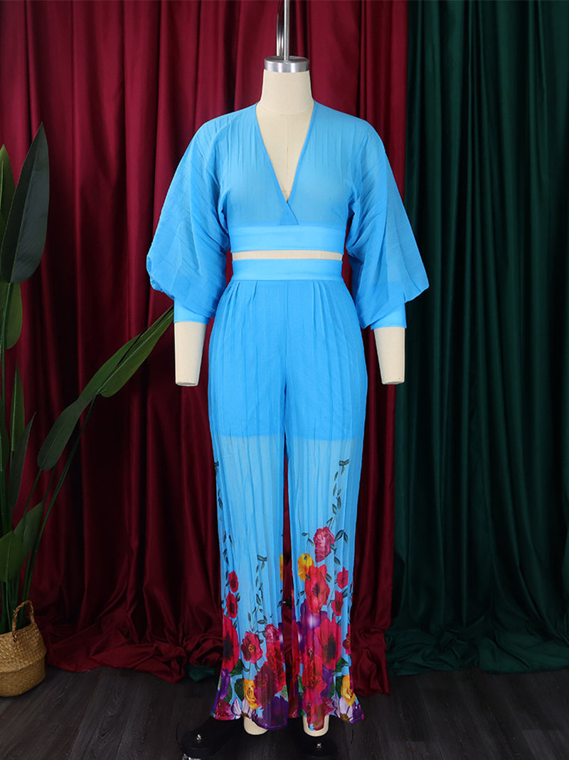 Puff Sleeves Pleat Wide leg Pants Suit