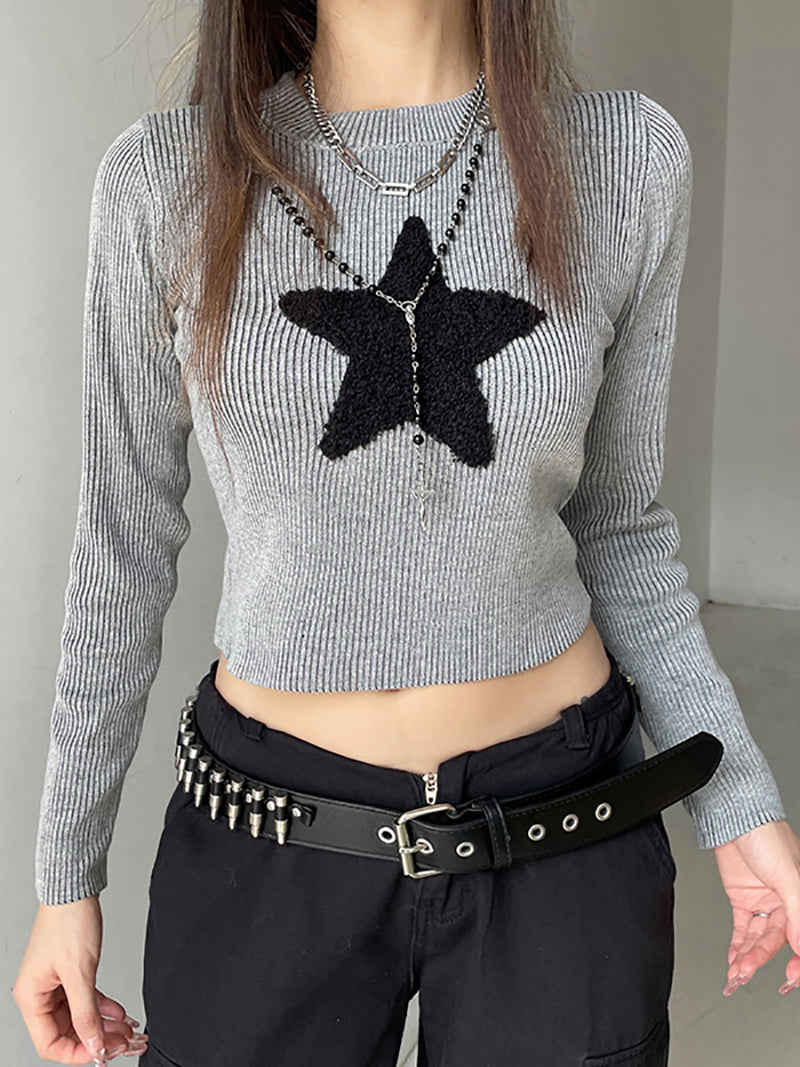 Round Neck Star Knit Crop Tops