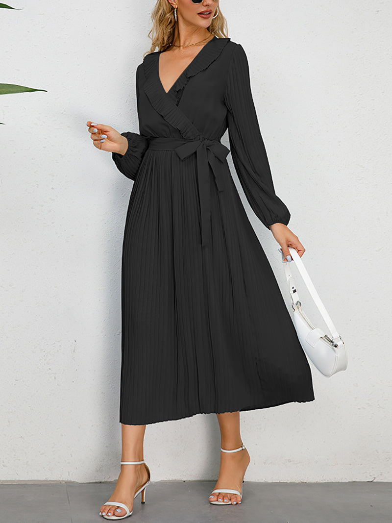 V Neck Ruffles Casual Pleated Dress