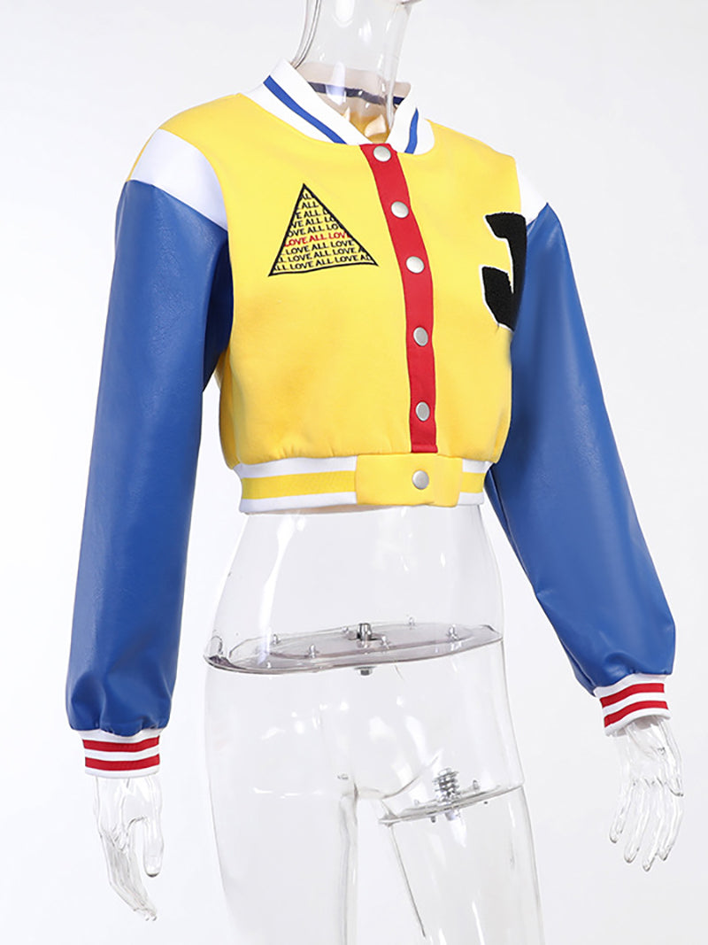 PU Leather Patchwork Baseball Jacket