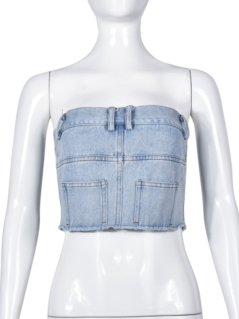 Strapless Zipper Denim Tops