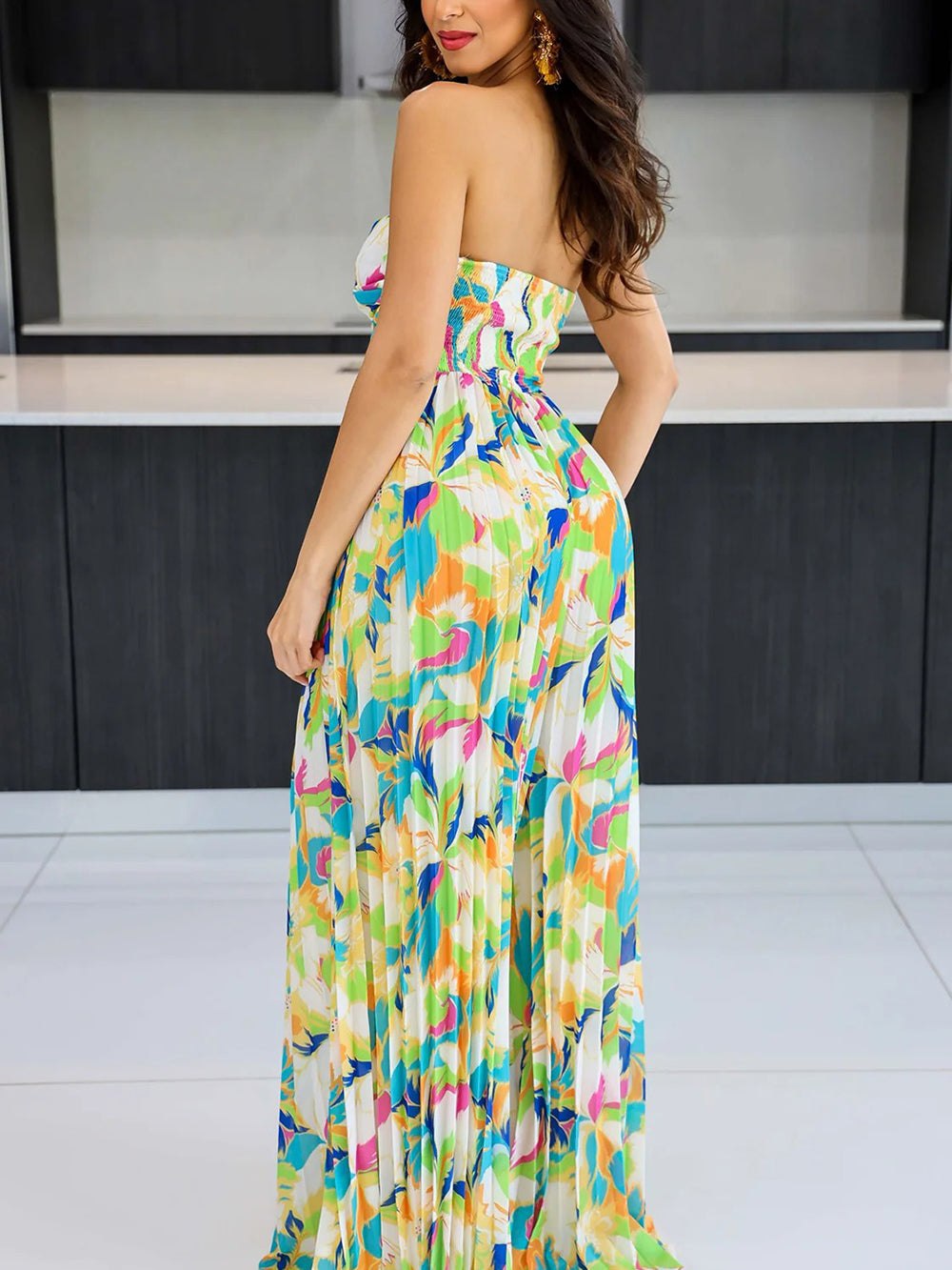 Strapless Print Pleated Jumpsuit