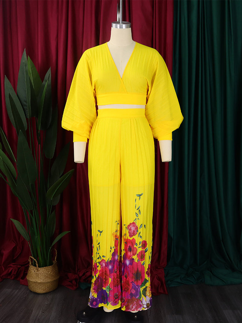 Puff Sleeves Pleat Wide leg Pants Suit