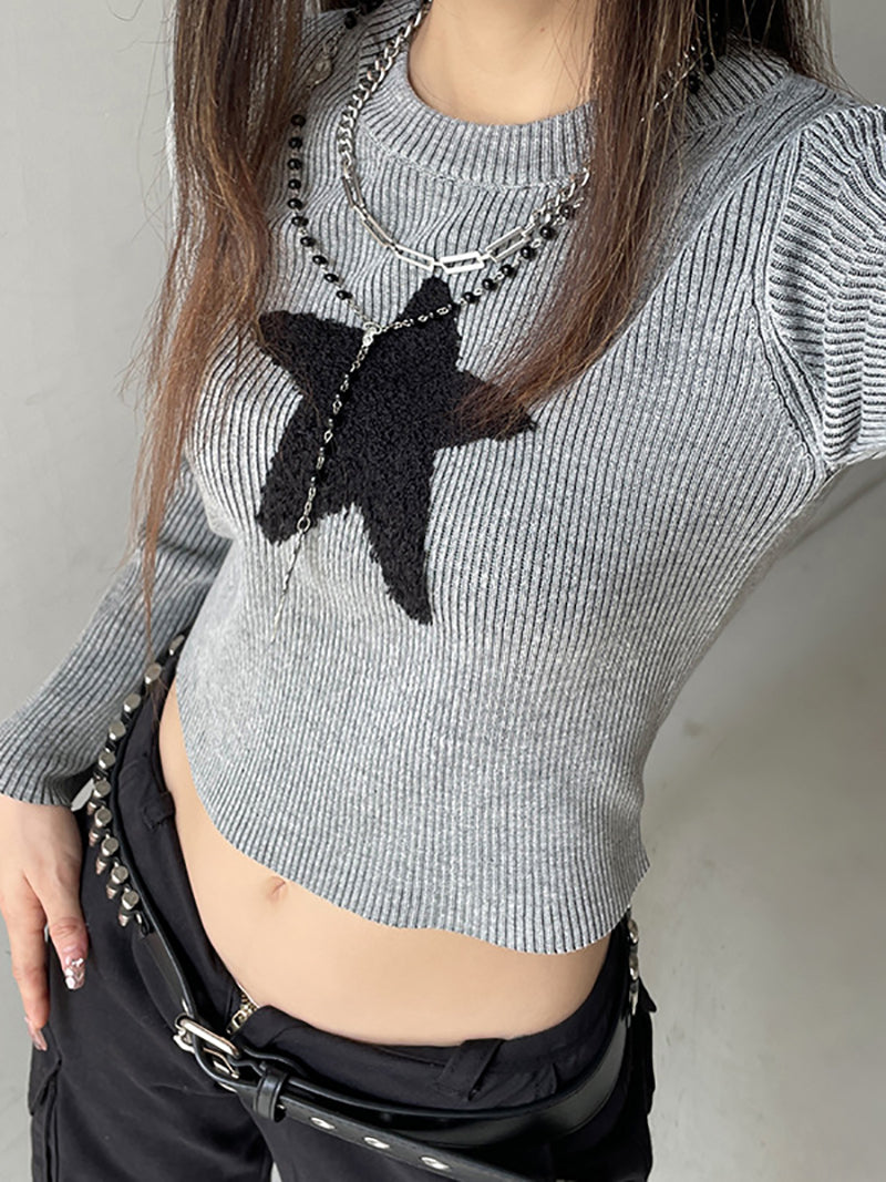 Round Neck Star Knit Crop Tops