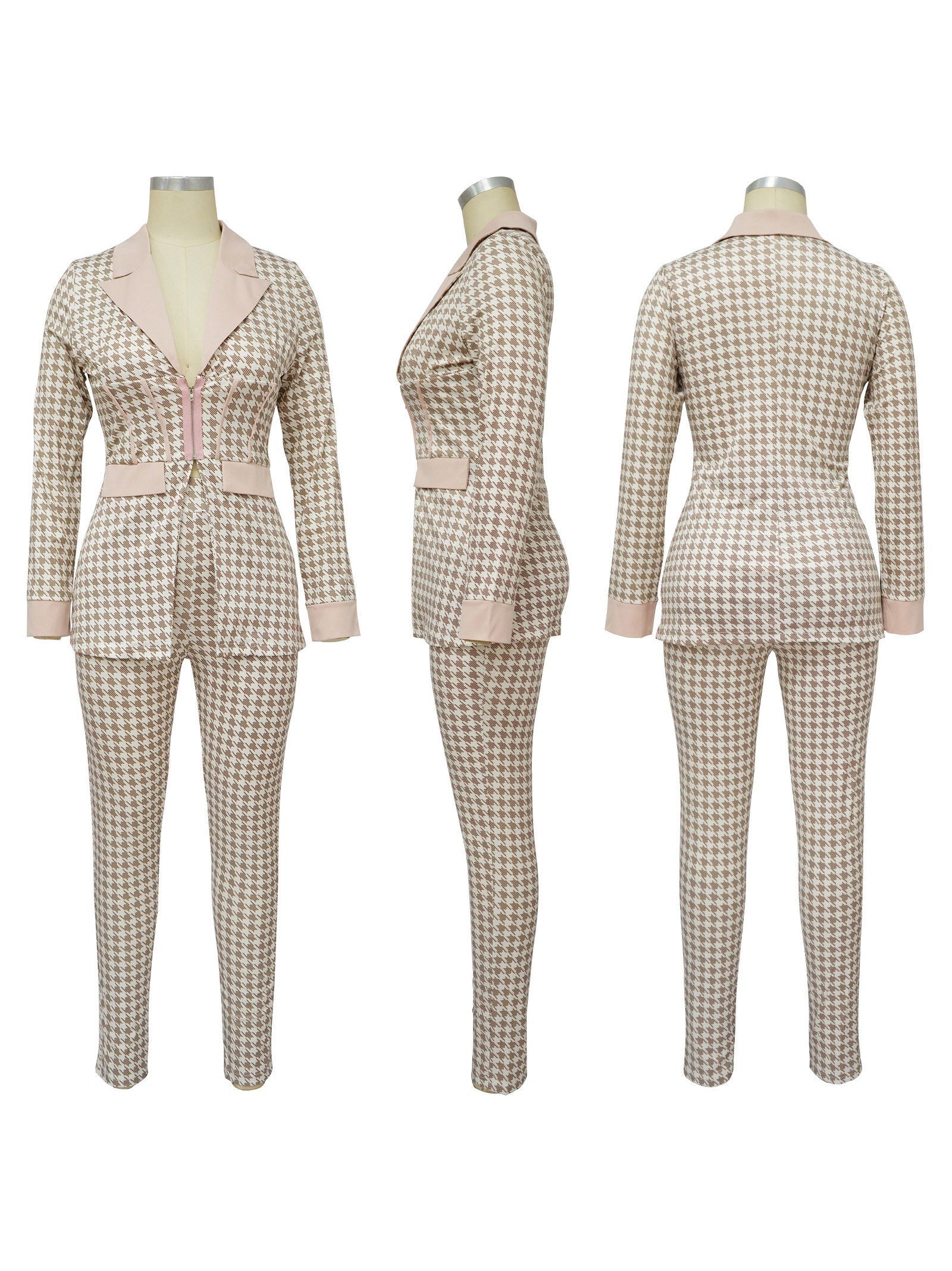 Casual Houndstooth Blazer Suit  Set