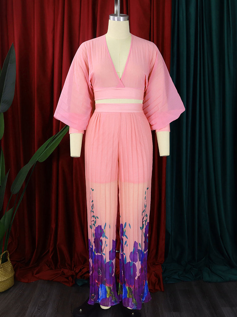 Puff Sleeves Pleat Wide leg Pants Suit