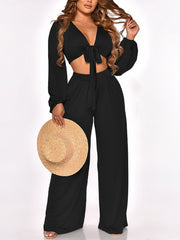 Bandage Crop top Wide-leg Pants Suit