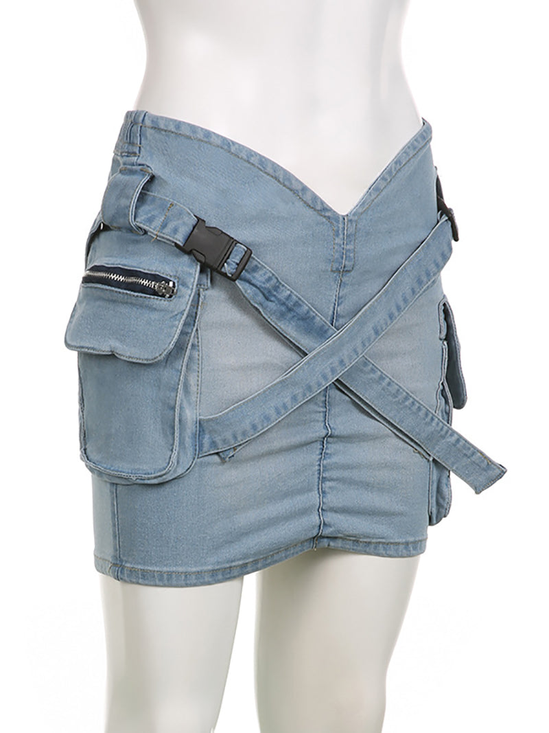 Cross Wrap Hip Denim Skirts