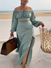 Off Shoulder Top Slit Skirt Casual Suit