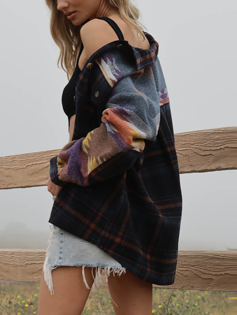 Fashion Aztec Print Plaid Jacket Coat