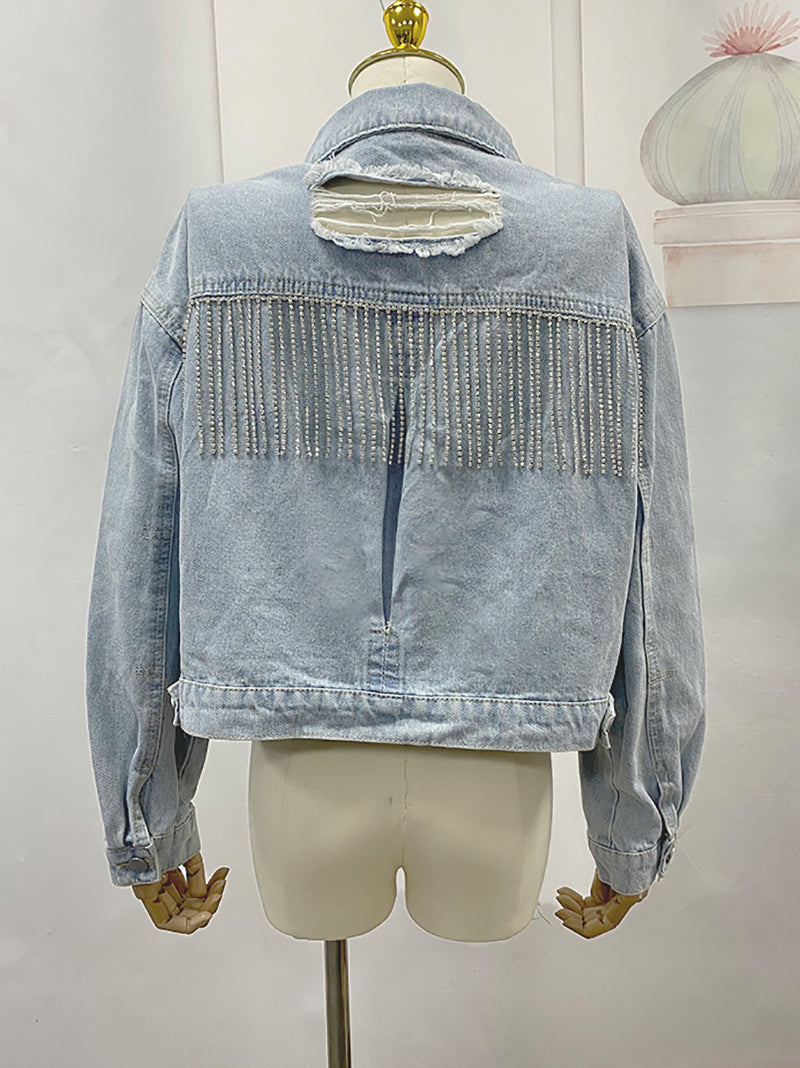 Vintage Tassels Ripped Denim Jacket