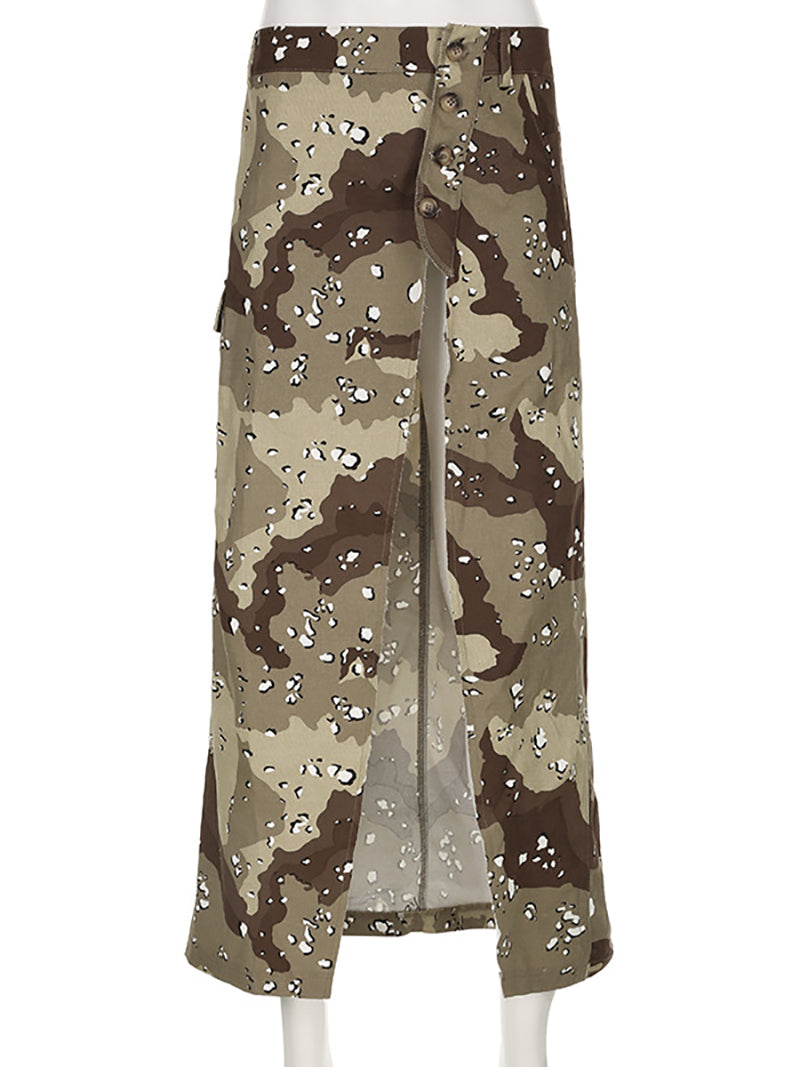 Casual High Slit Camo Cargo Skirt