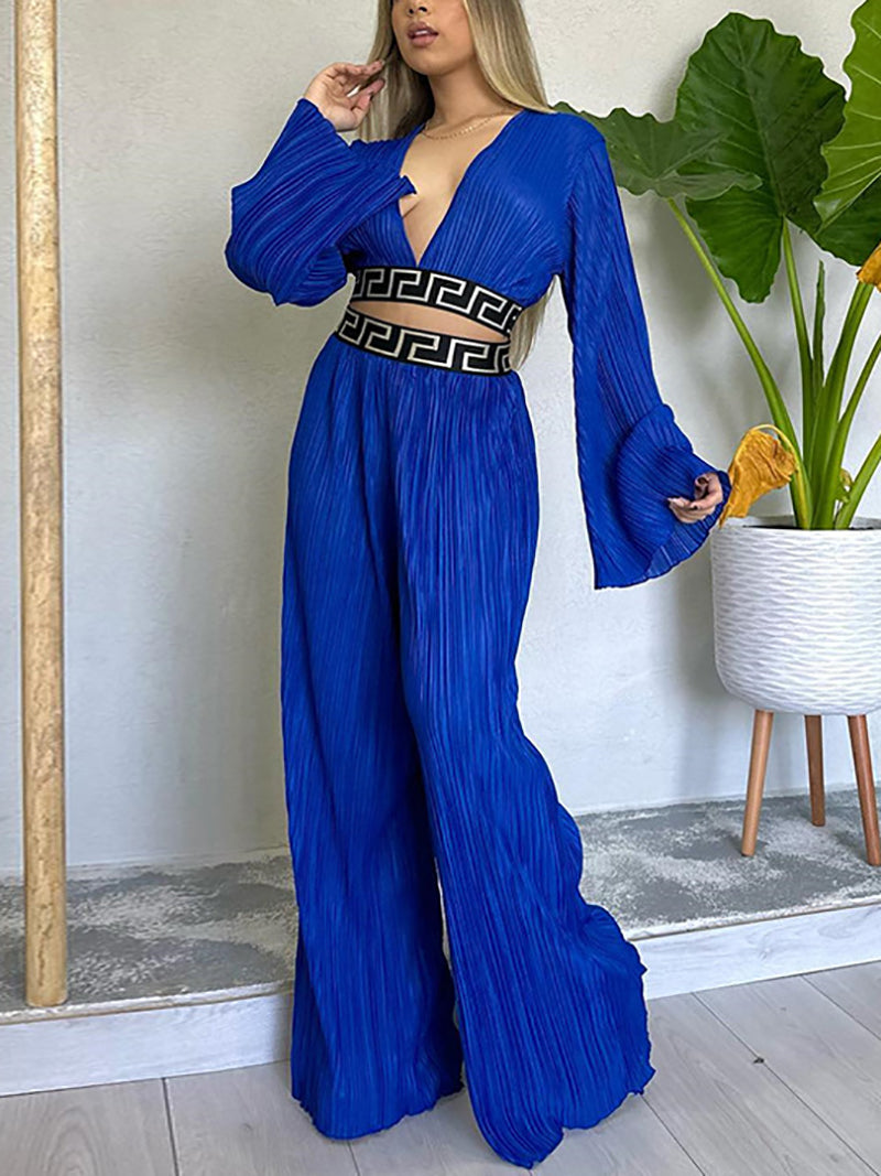 V Neck Top Wide leg Pants Casual Suit