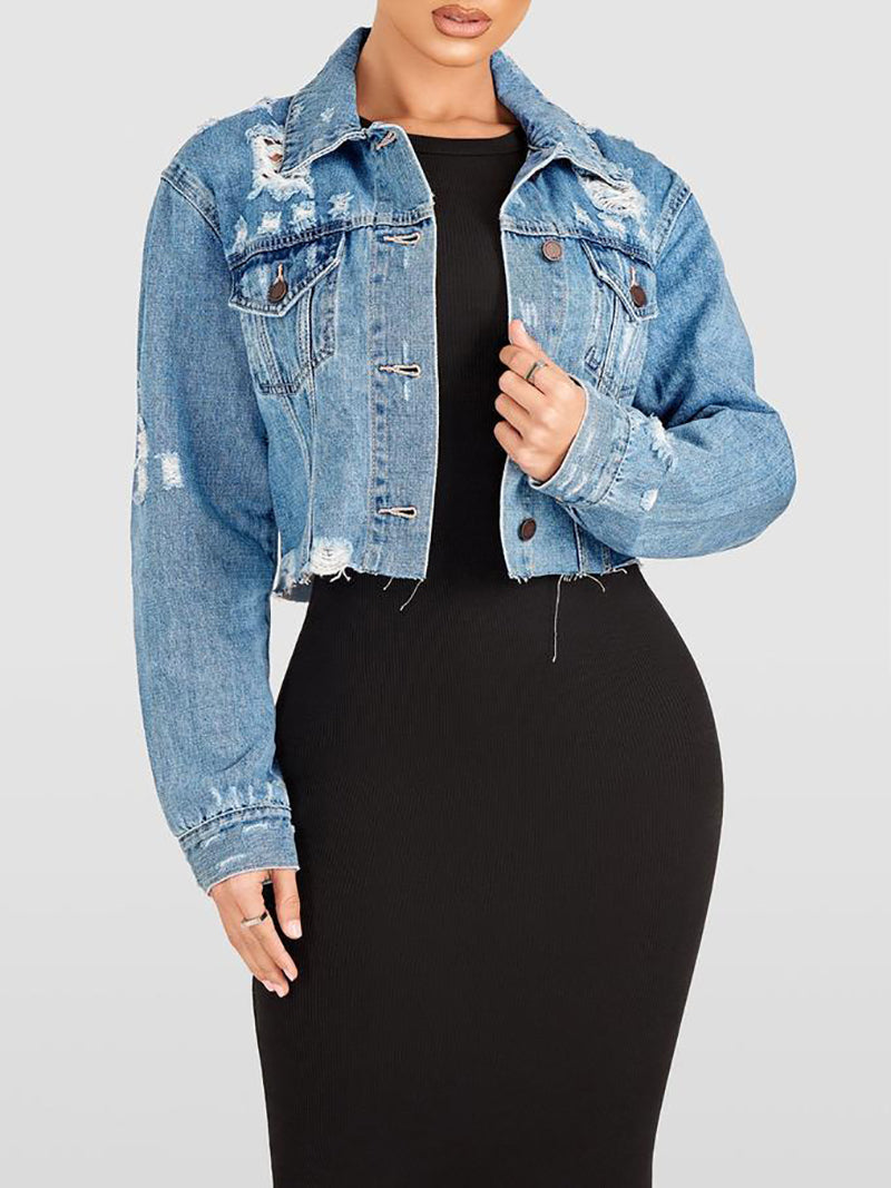 Casual Ripped Denim Cropped Jacket