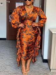 V Neck Print Ruffles Dress